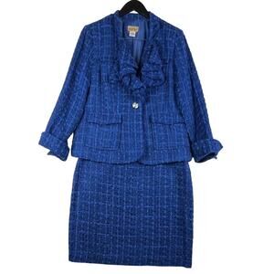 Midnight Velvet Blue Ruffled Structured Tweed Bouclé Pencil Skirt Suit Set 14